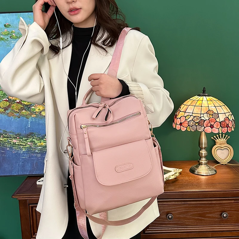 2023 Leather Backpack Women Solid Color Fashion Trend Casual Large Capacity Ladies Travel Bag School Backpack for Teenage Girls