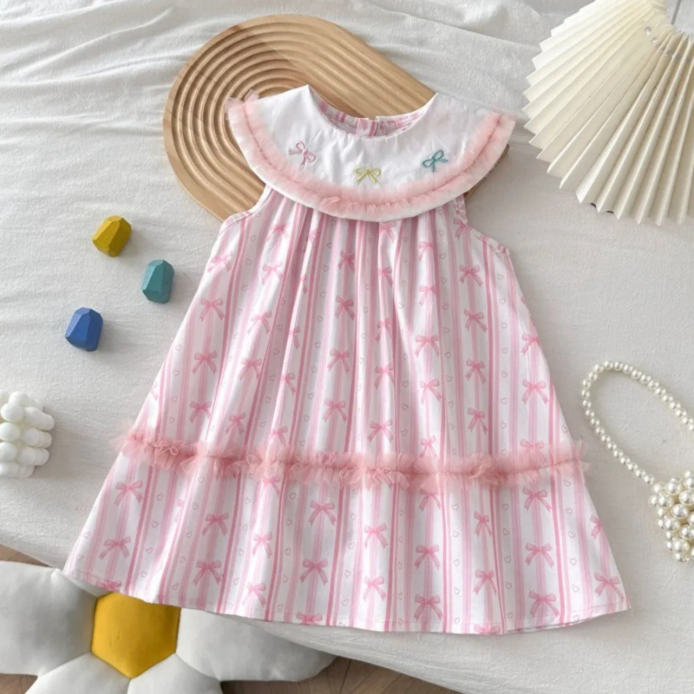 Summer Korean Version Pink Bow Print Sleeveless Round Neck Kids Dresses for Girls Lace Patchwork Sweet Princess Girls' Dresses