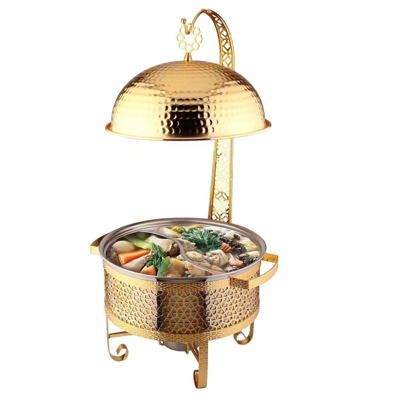 Luxury exquisite gold rolled top stainless steel iron frame thermal insulation plate buffet set model MXT50