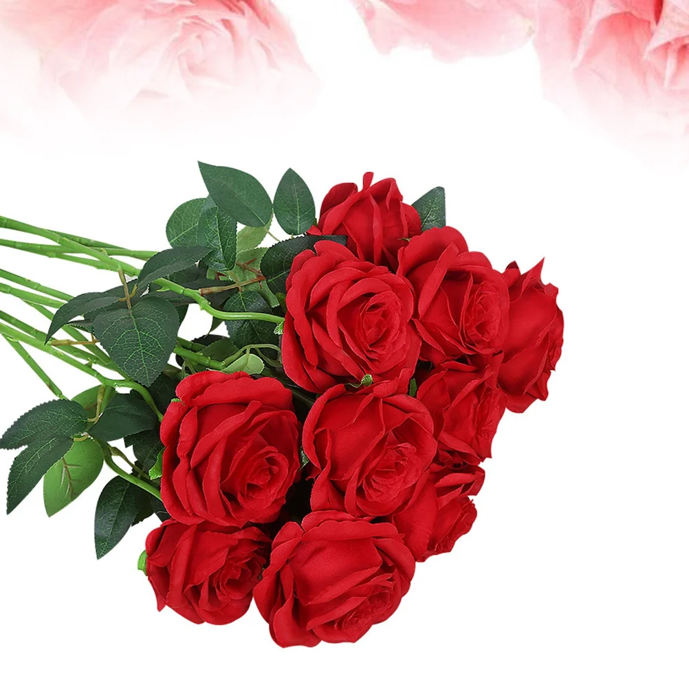 

10Pcs Fake Rose Silk Flowers Red Realistic Bouquet for Wedding Home Party Bridal Centerpiece Faux Flower Decor