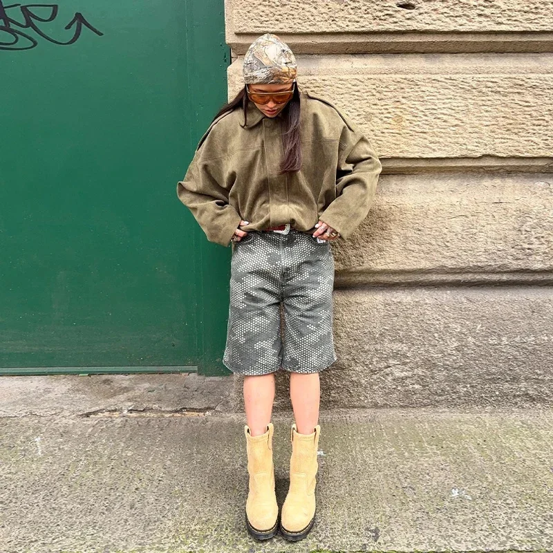 Vintage Women's Suede Bomber Jacket Fashion Street Lapel Zipper Full Sleeve Short Coats 2025 Spring Lady Casual Commute Outwear