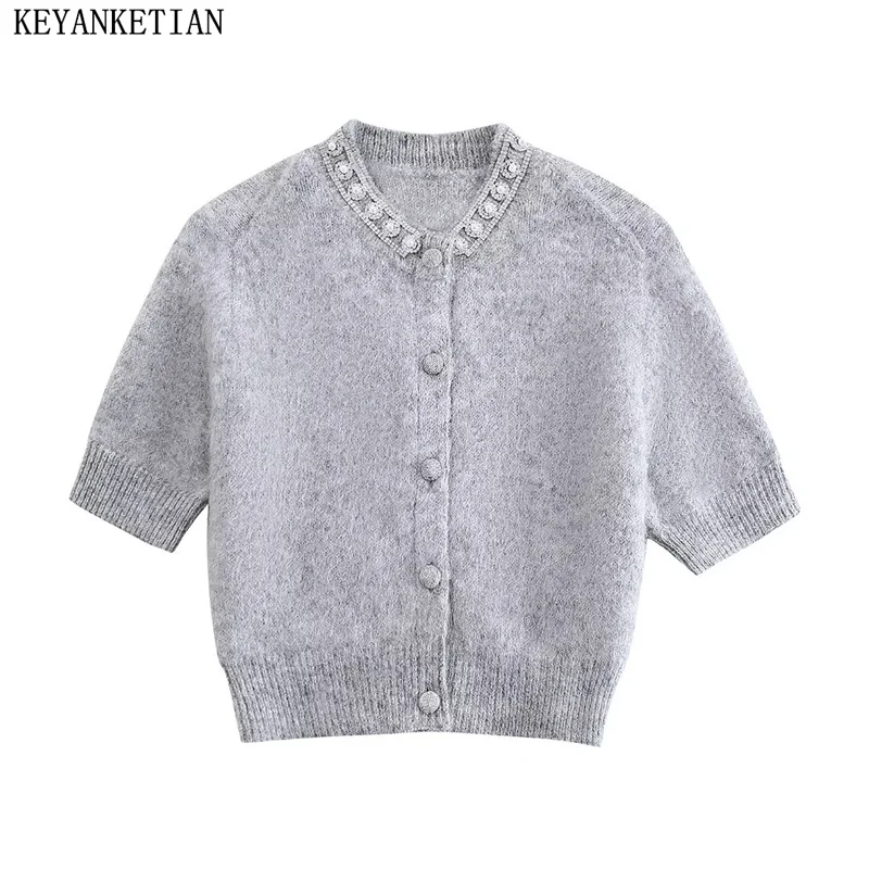 KEYANKETIAN 2024 New Launch Women\'s Artificial Gemstone Decoration Short-Sleeved Knitwear Spring Elegant Gray Sweater Crop Top