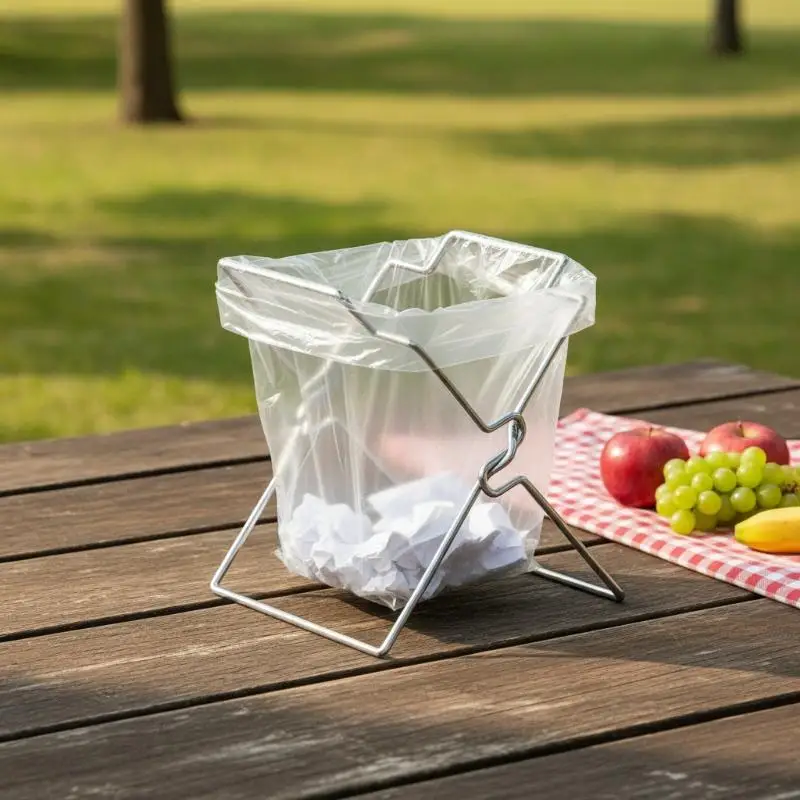 Collapsible Stainless Steel Garbage Bag Holder, Kitchen Countertop Trash Bag Support Rack, Portable Storage Organizer Stand