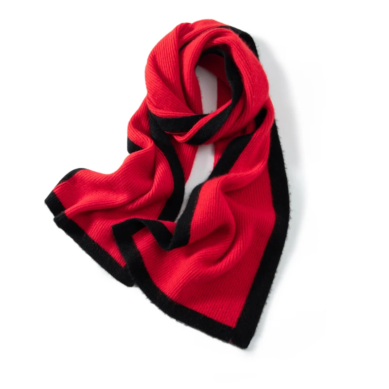 Two Tone Border Vertical Ribbed Knit Cashmere Scarf 160×26cm Slim Fit Color Block Neck Warmer, Soft Stretchy Striped Scarf for W