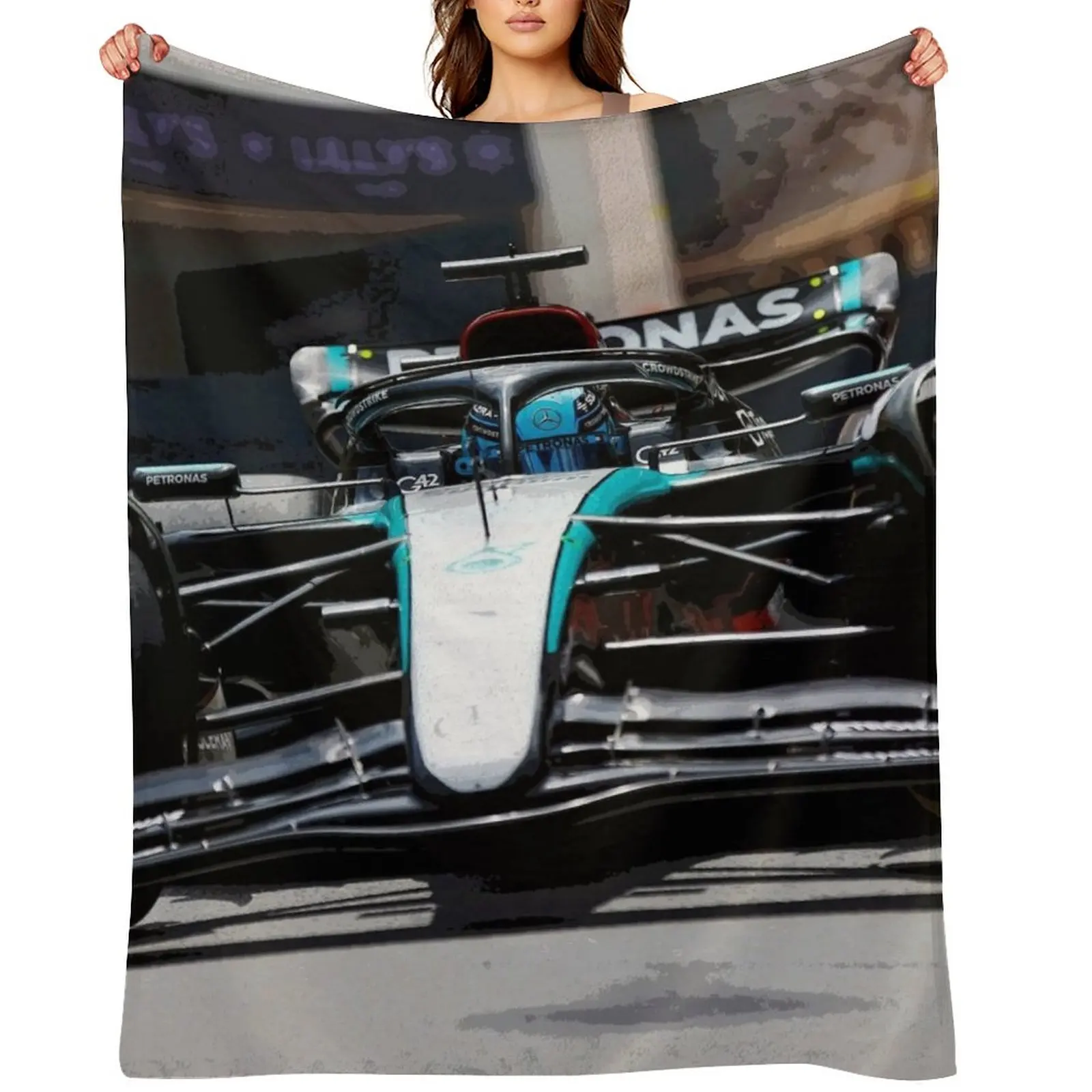 

George Russell racing his 2024 F1 racecar from the front abstract Throw Blanket Cute Plaid Sofas Cute Blankets