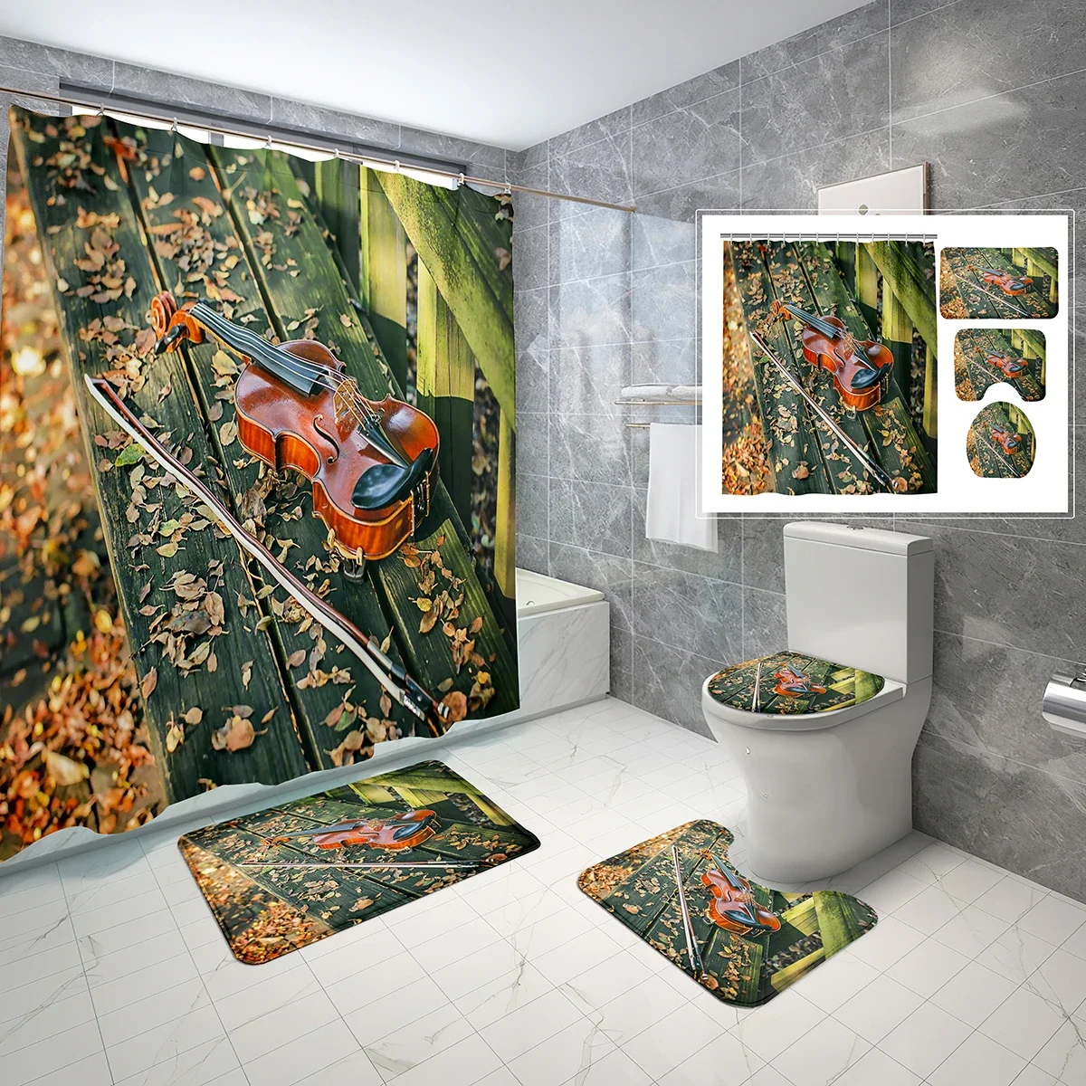 4 Pcs Violin Shower Curtain Sets with Non-Slip Rugs Mat Toilet Lid Autumn Fallen Leaves Bench Waterproof Shower Curtain Set