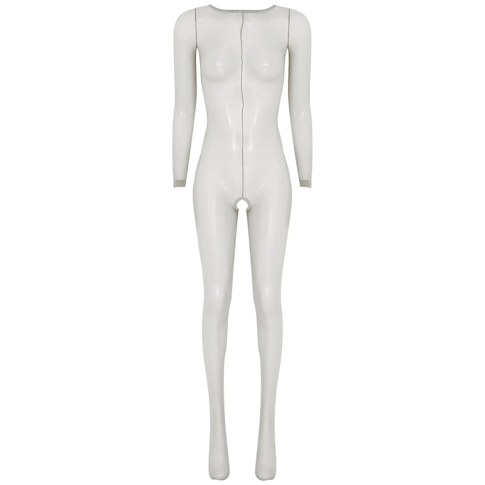 สตรี Ultrathin ดูผ่านบอดี้สูทแขนยาว Crotchless เปิดก้น Full-body Bodystocking Unitard Leotard Jumpsuit ชุดนอน