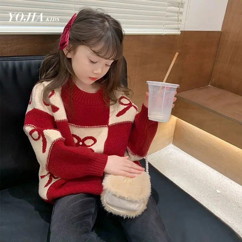 

Girls Red Sweater with Plush and Thickened Autumn and Winter Clothing New Fashion Kids Knitted Children's Clothing Christmas 7T