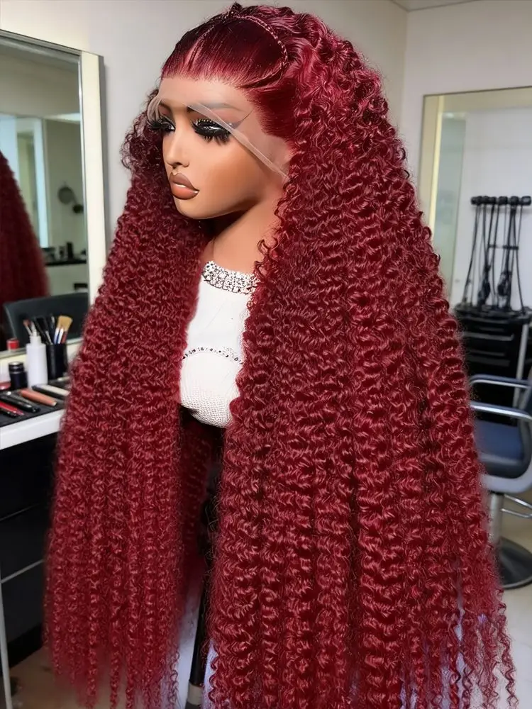 

Натуральные волосы 100%: парик с глубокой волной 13x6, кружевной фронт, для женщин, цвет 99J Бордовый, красный парик, плотность 200%