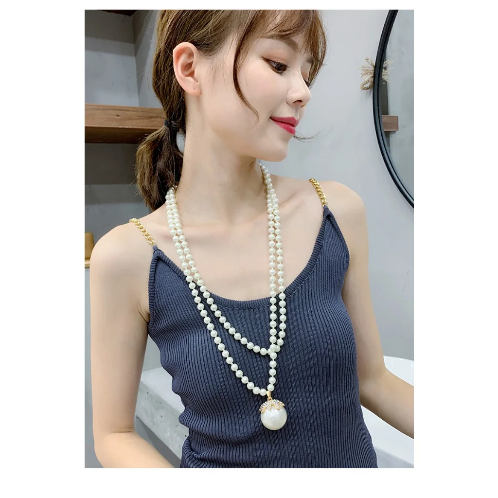 Big Simulated Pearl Ball Multi Layer Long Necklace For Women 2024 New Sweater Chain