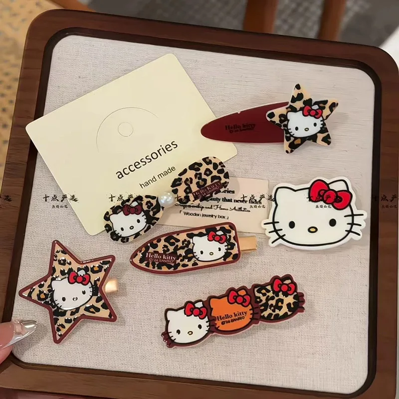 Sanrio hello kitty clipe de bico de pato grampo de cabelo dos desenhos animados kitty gato café leopardo padrão franja lateral grampo de cabelo acessórios de cabelo