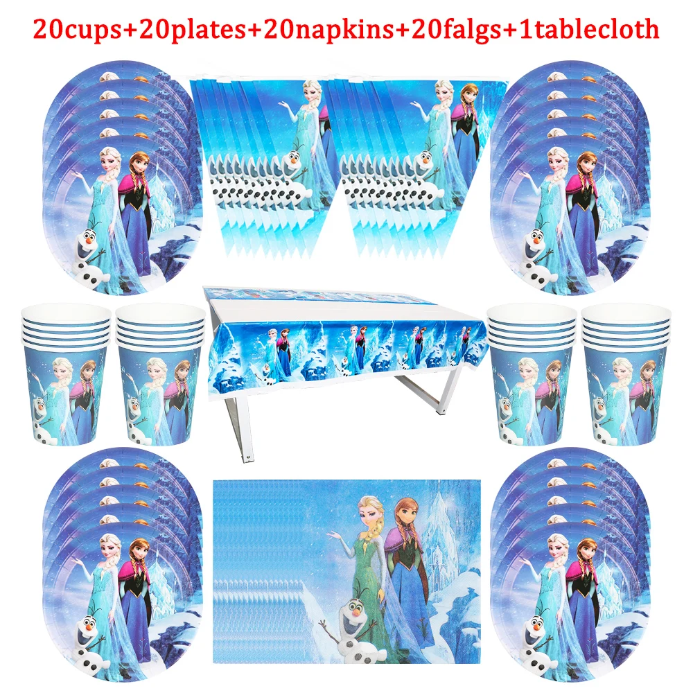 

Disney Princess Frozen Birthday Party Disposable Tableware Girls Cartoon Plate Cup Flag Tablecloth Napkin Baby Shower Decoration