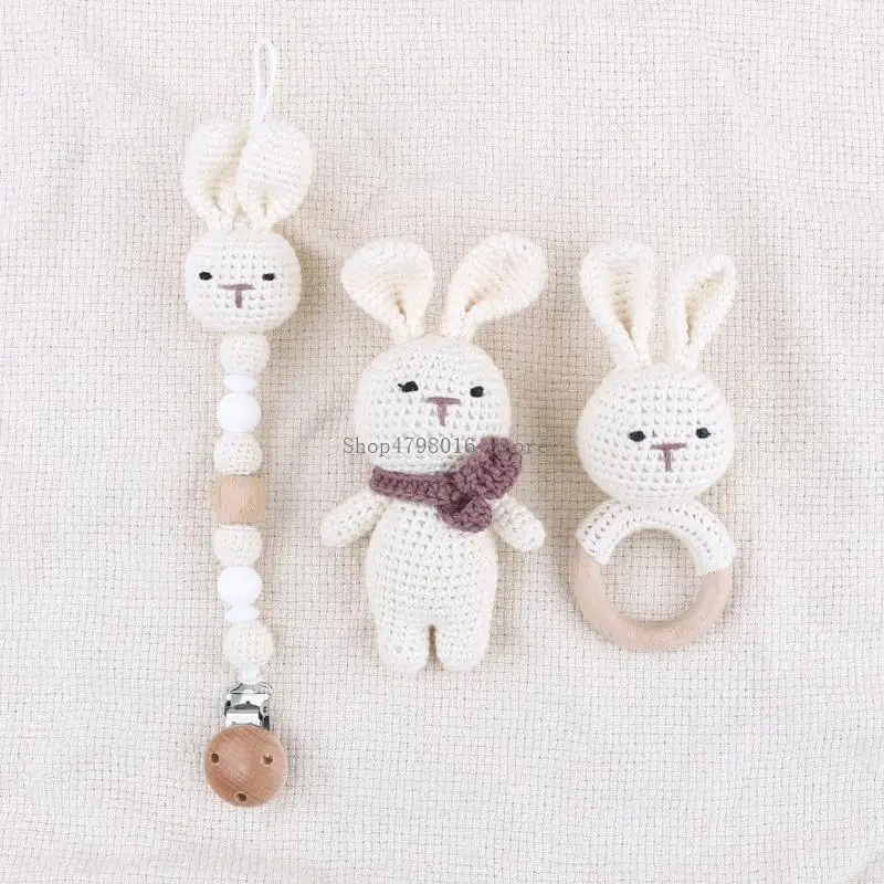 

Crochet Rabbit Rattle Baby Teething Gift Infant Cotton Bead Pacifier Clip 3Pcs