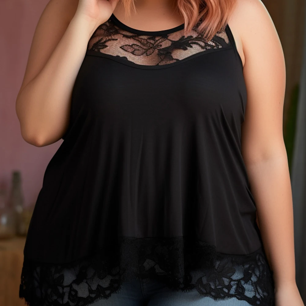 Plus Size Summer Casual Black Round Neck See-through Lace Patchwork Cami