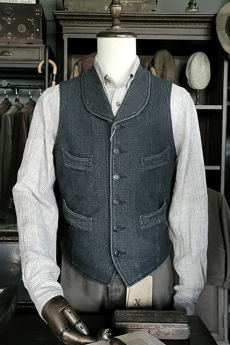 Men's Blazer Vest Regular Fit Shawl Collar Washed Classic Gentlemen Elegant Style America Vintage Waistcoat