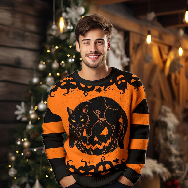 2026 جديد اليقطين الجمجمة نمط هالوين سترة قبيحة للرجال موضة عطلة ارتداء ثلاثية الأبعاد بلوزات مطبوعة فضفاضة تنفس القمم