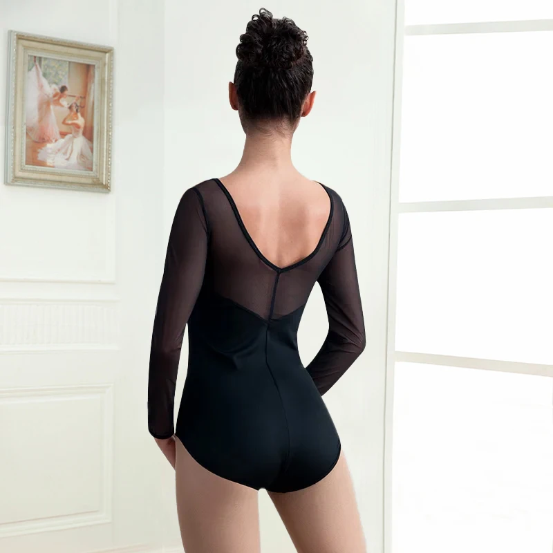 女性のバレエレオタードメッシュ長袖ボディスーツソフト胸裏地バレエ服大人の体操ダンス