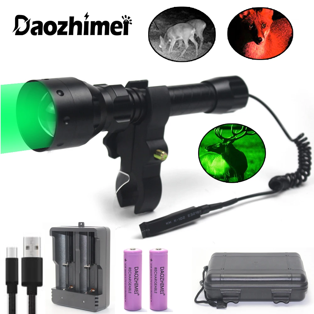 500 Yards Tactical Zoomable Focus Hunting Flashlight Red/Green/White 1 Mode lamp +Rifle Scope Mount+Switch+18650+USB Charger