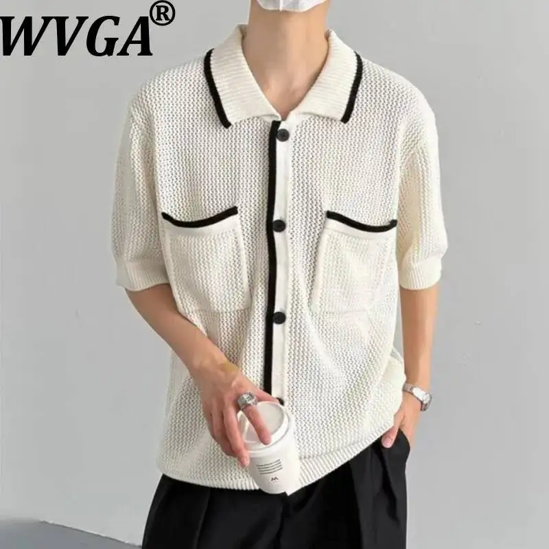 

WVGA Summer New Men's American Style Hollow Out Knitted Trendy Short Sleeve Shirt Niche Chic Casual Turn-Down Collar Tops W23592