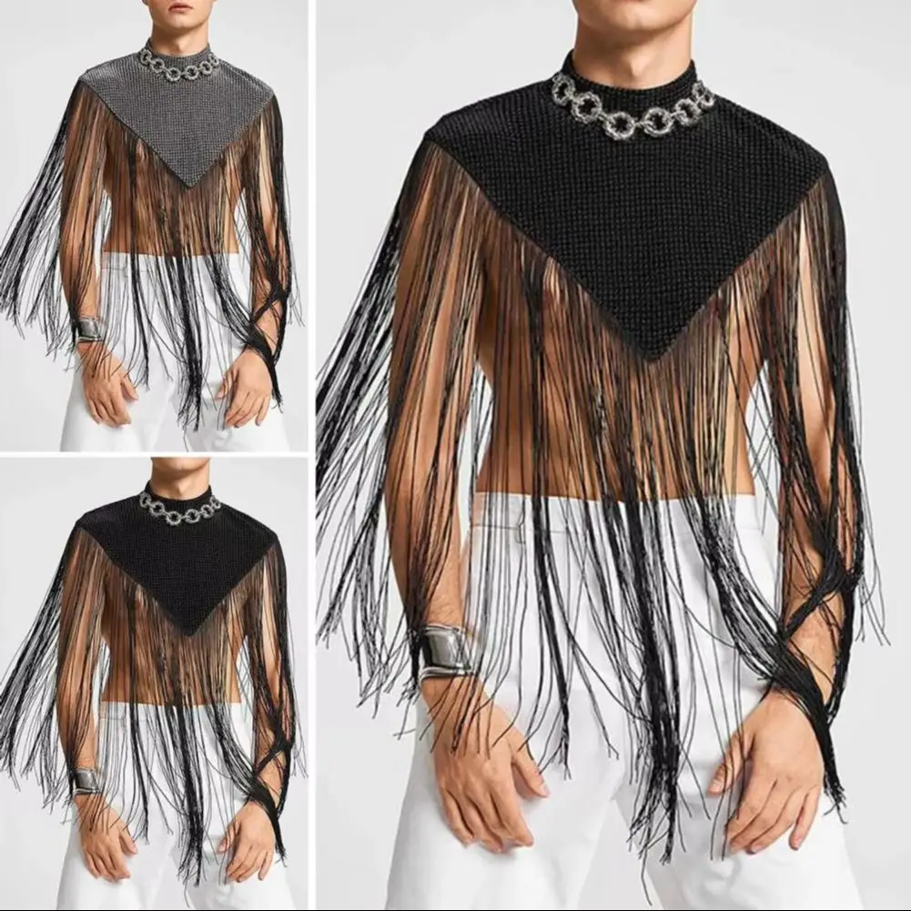 Men Club Cape Long Tassel Sleeveless Shining Fringed Mock Collar Clubwear Inverted Triangle Shape Men Dance Vest Men Clothes