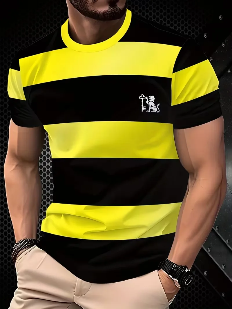 Fashion men's minimalist striped printed T-shirt summer leisure outdoor sports fitness round neck short sleeved men's shirt top