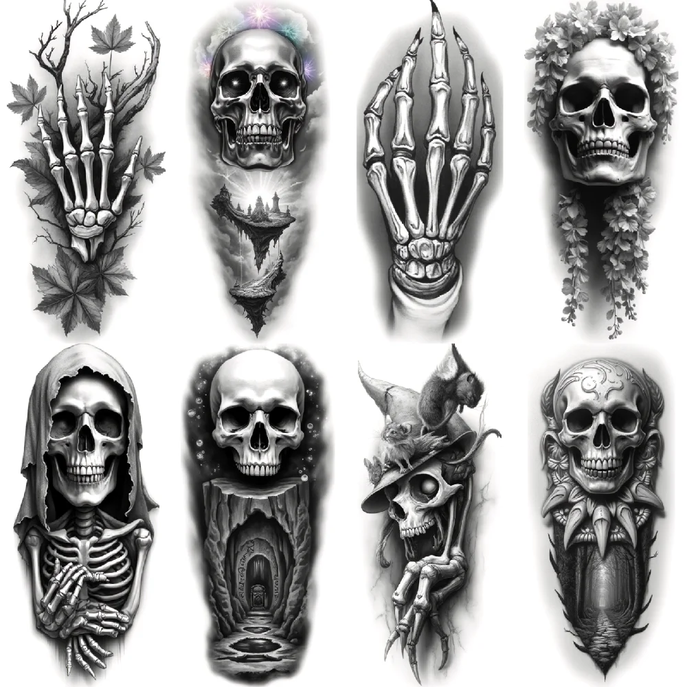 

3pcs Temporary Tattoo Realistic Temporary Tattoos Skull With Ornamentation Skeletal Hand With Leaves Skeletal Hand For Men