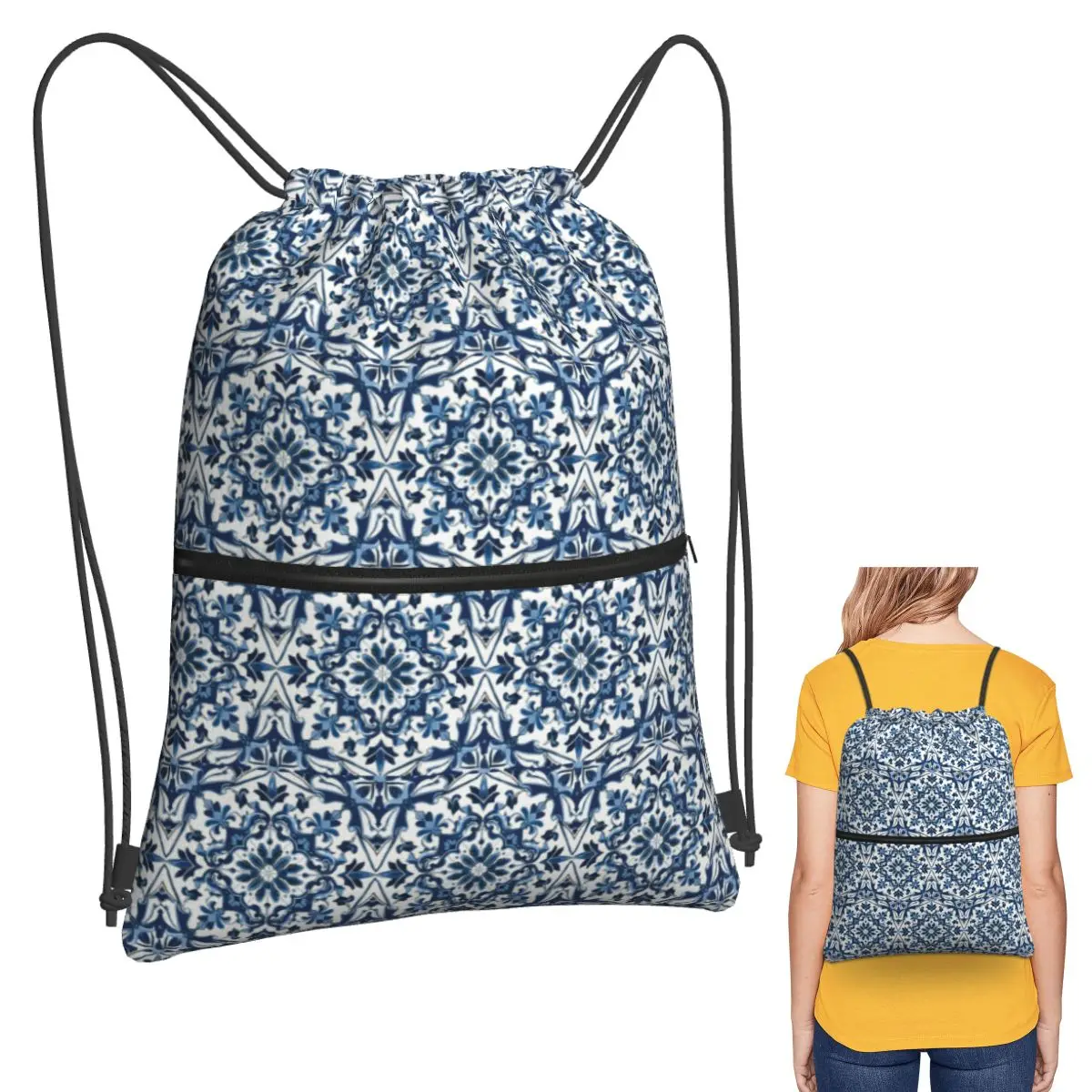 

Синие и белые рюкзаки с узором Майолика, многофункциональные портативные сумки на шнурке, спортивная сумка, сумки для книг для путешествий, школы