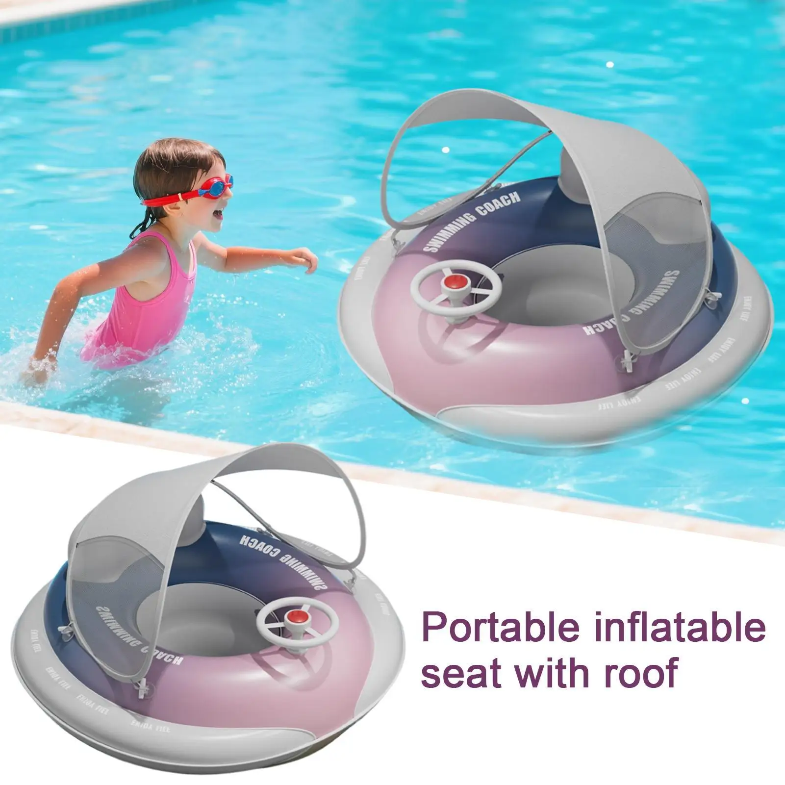 Baby Pool Float With Canopy Sun Protection Comfortable Swimming Circles Floating Seat Toy For Backyard Bath Water Play Equipment