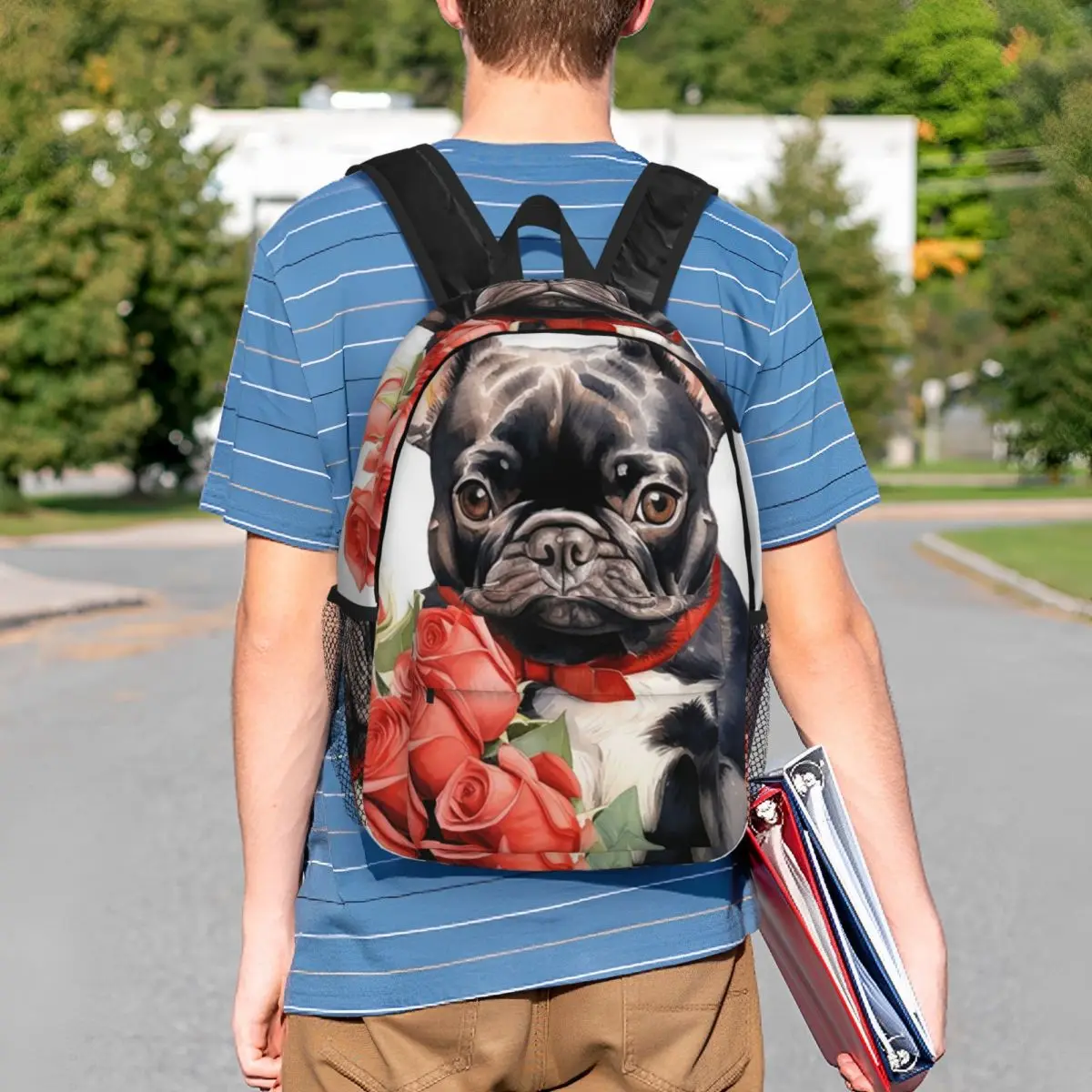 French Bulldog With Flowers Backpack Student BookBag Children School Bag Computer Shoulder Bags for Men Women