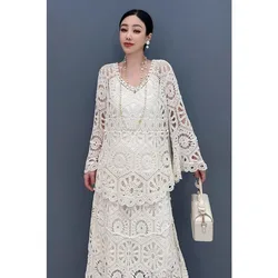 SuperAen 2024 Summer New Women's Dress Hollow Tshirt Solid Color Loose Fashion Two-piece Dress Sets