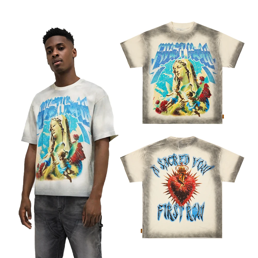 

Streetwear Saint Graphic Rhinestone T Shirt Hip Hop Street Style Clothing Men's Cotton Casual Retro Distressed Short Sleeve Tees
