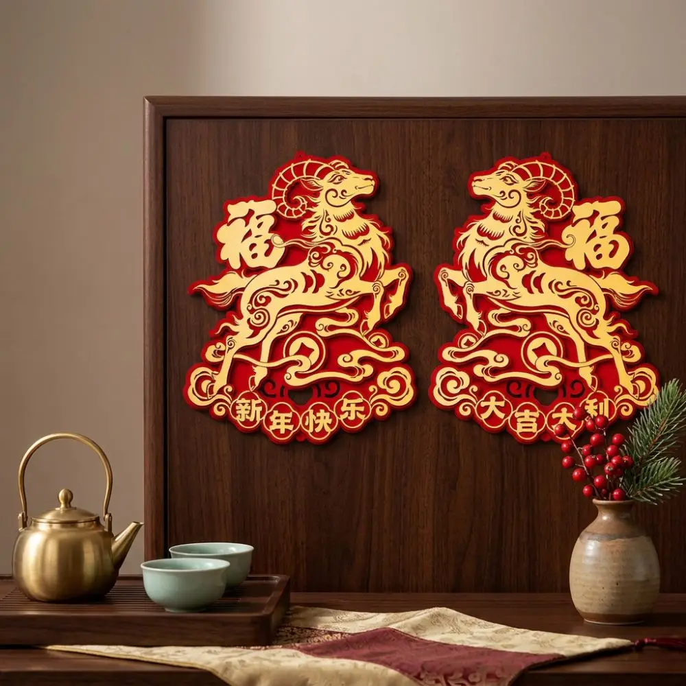 Chinese Style 2027 Sheep Year Door Sticker Hot Stamping Cartoon Spring Festival Pair Decals Blessing Zodiac Sheep
