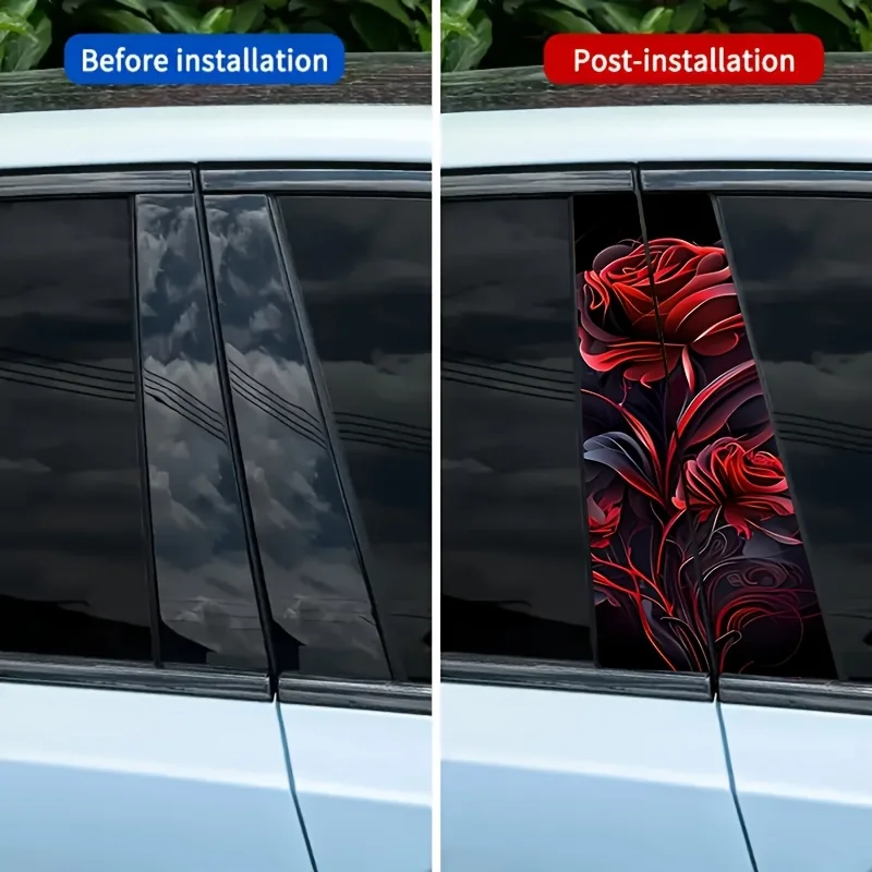 2pcs vibrant gloomy rose door decals - Durable vinyl, smooth finish B-pillar protective film - Enhanced vehicle aesthetics