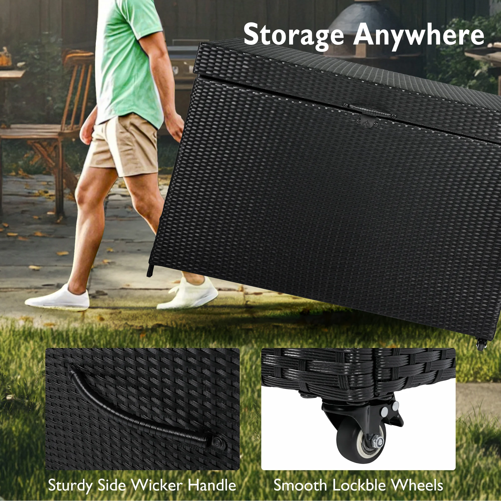 กล่องเก็บของกลางแจ้ง 230 แกลลอนพร้อมล้อ, ออแกไนเซอร์เครื่องมือหวาย, คอนเทนเนอร์สําหรับเฟอร์นิเจอร์ลานสระว่ายน้ําผู้จัดสวน