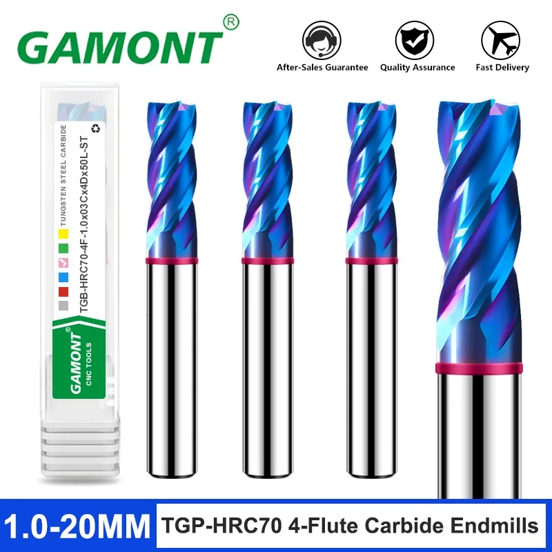 GAMONT TGP-HRC70 4F Color Circle Flat End Mill Tungsten Steel Carbide Blue Coating Milling Cutter For CNC Mechanical Endmills