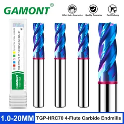 GAMONT TGP-HRC70 CNC 기계식 엔드밀용 텅스텐 스틸 카바이드 블루 코팅 밀링 커터, 4F 컬러 서클 플랫 엔드 밀