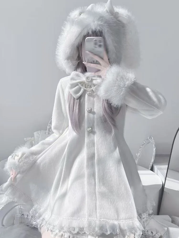 HG Rabbit Ear Coat Winter Japanese Jacket Bow Detachable Woolen Coat Harajuku Roupas Femininas Overcoat Chaqueta Mujer