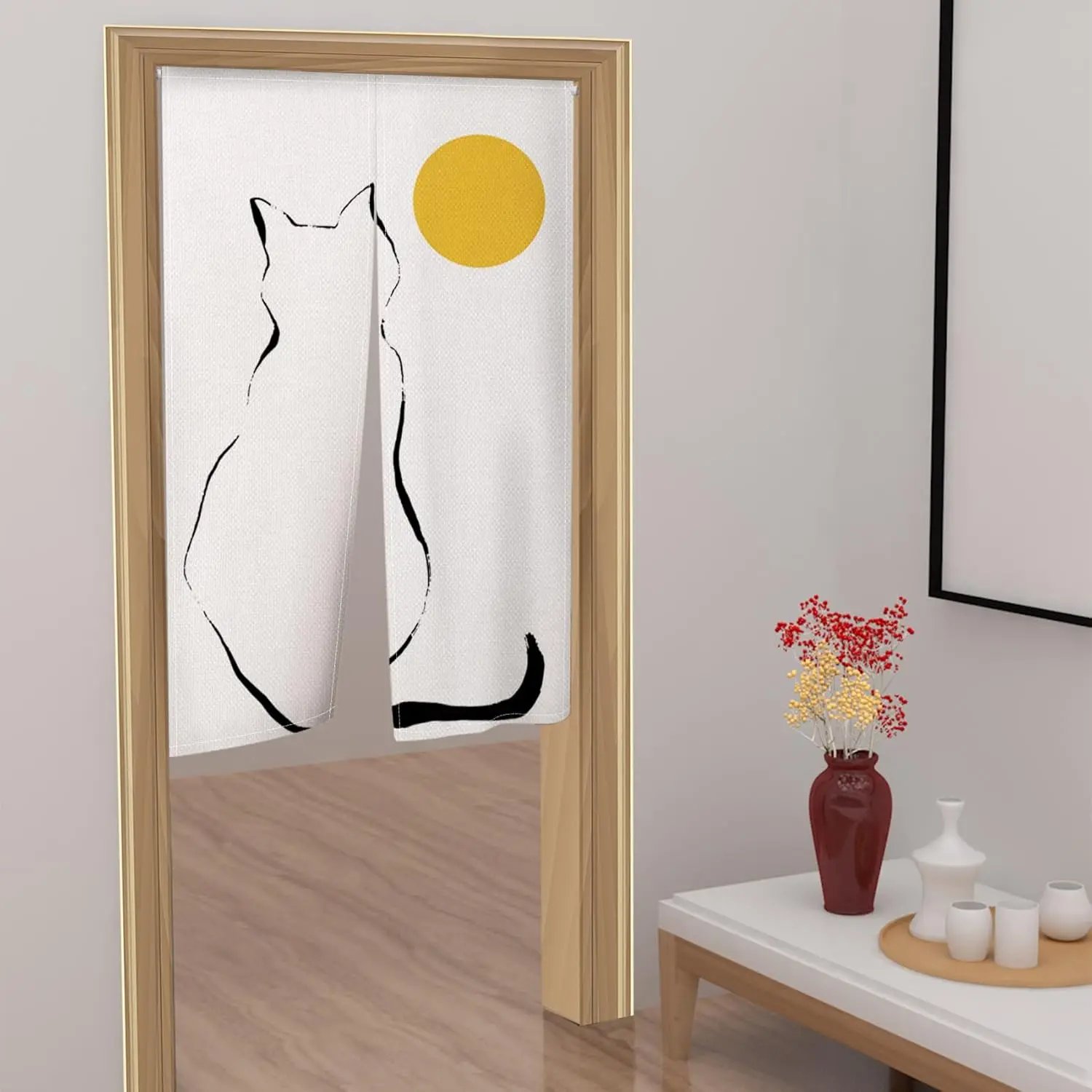 Japanese Cat Doorway Curtain The Black Cat Looked at The Yellow Moon Door Hanging Tradition Paint Japan Style Ink Cat Bedroom