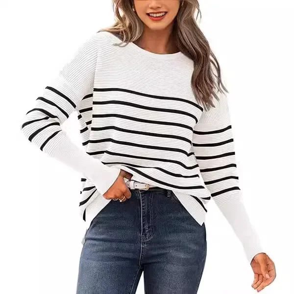 2024  Striped Round-neck Sweater for Women, Knitted Sweater for Cross-border Leisure Striped Round-neck Sweater Top Spot Blouse