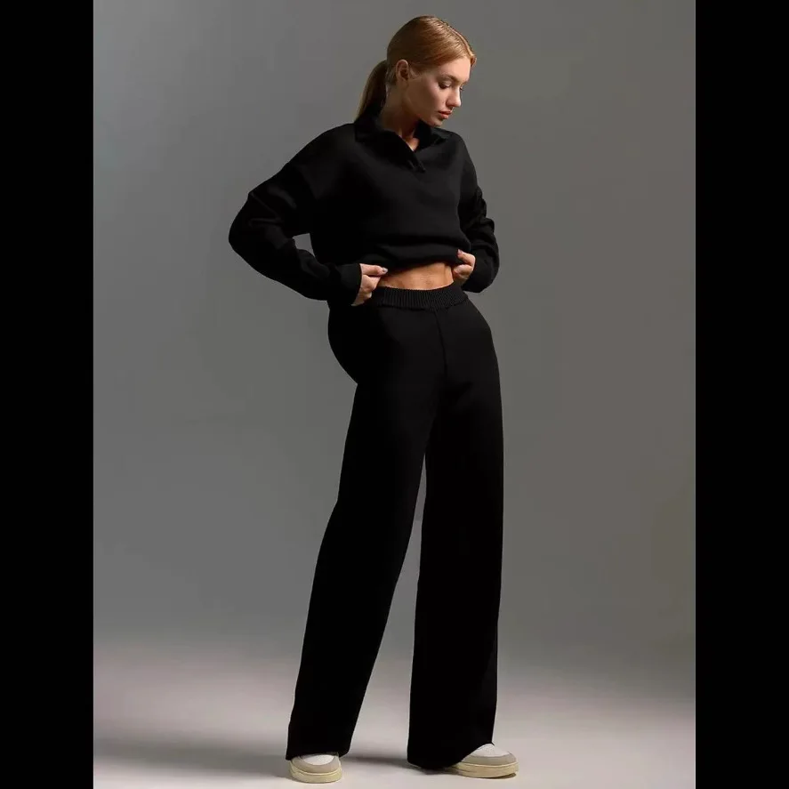 Simple Solid Color Knitted Pants Sets Women Fashion Casual Loose Lapel Pullover Sweater Wide Leg Trousers Two Piece Set Female