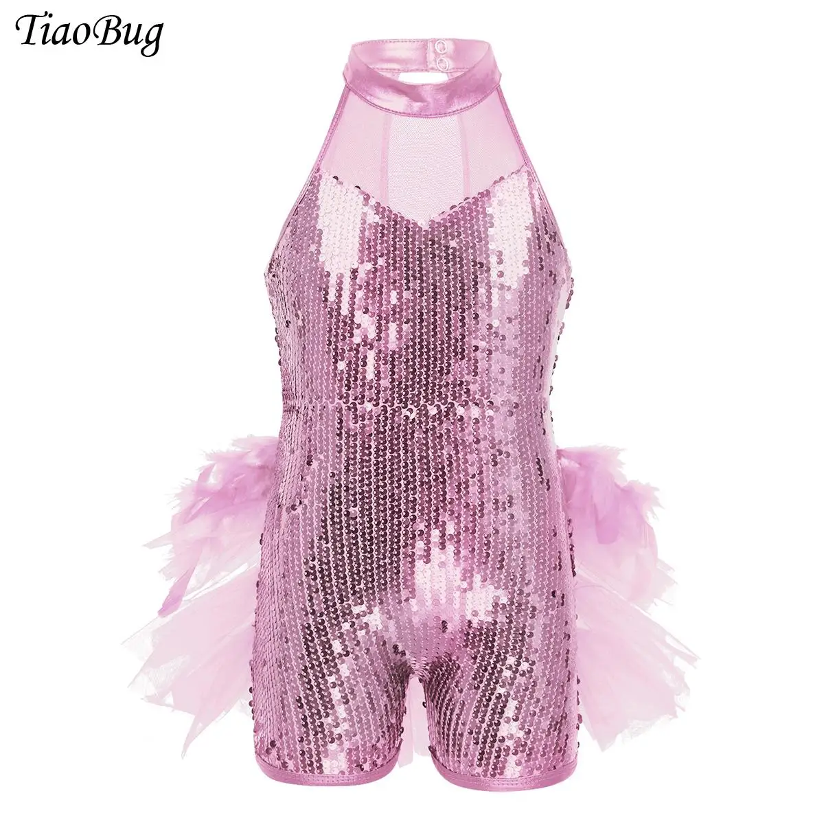 

Kids Girls Shiny Sequins Ballet Leotards Jumpsuit Jazz Latin Dance Costume Sleeveless Feather Mesh Splice Performance Dancewear