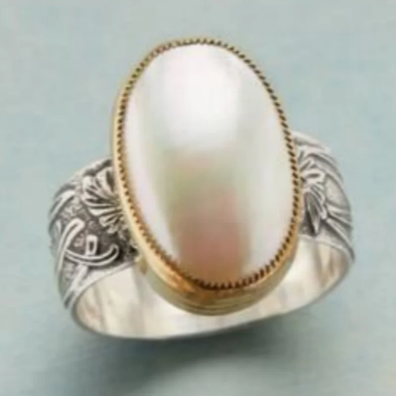 Vintage Inlaid Imitation Pearl Women's Ring Trendy Two Color Hand Carving Daily Wear Party Jewelry Anniversary Gift