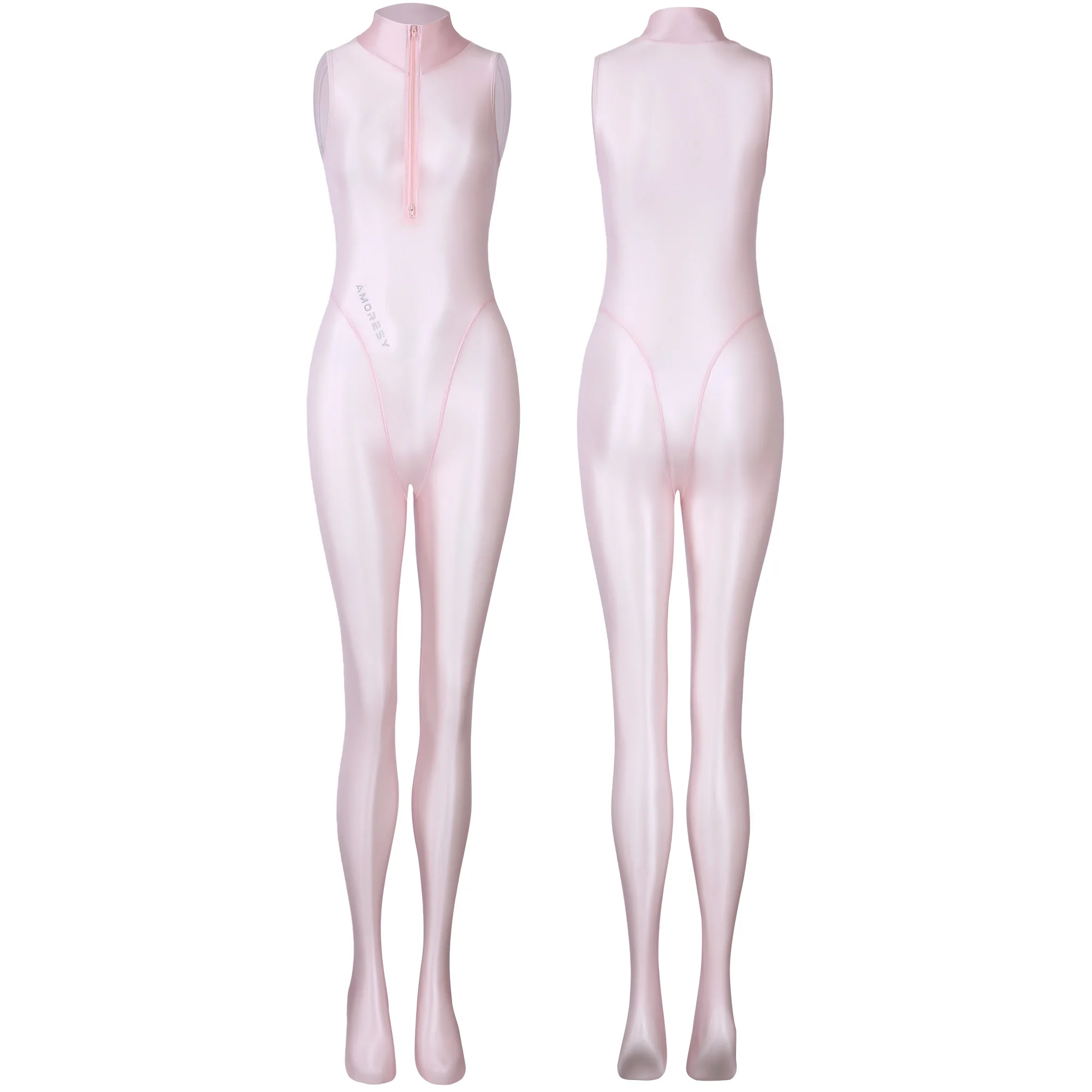 AMORESY dünner, glänzender, ölglatter, bidirektionaler Frontreißverschluss-Jumpsuit, einfarbiger, hochgeschlossener, ärmelloser Badeanzug – Detail 8
