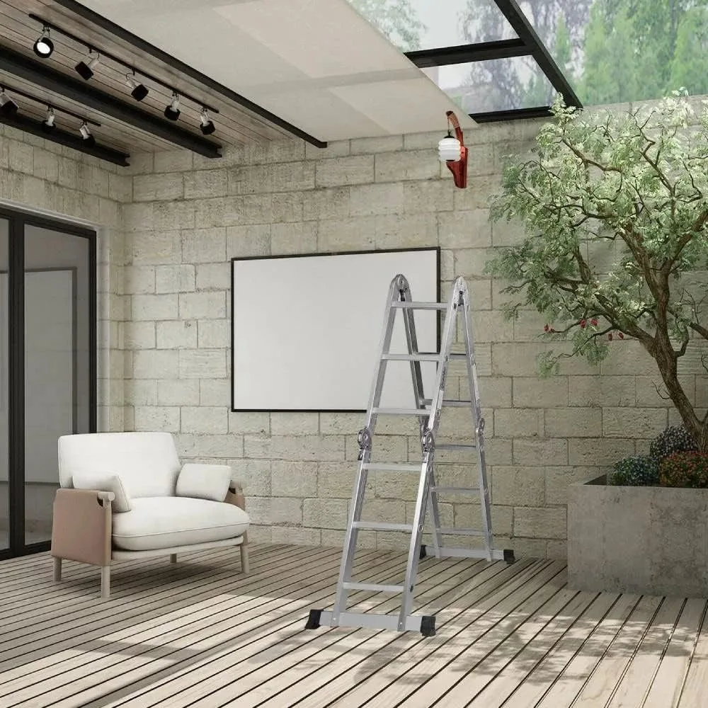 Folding Ladder, 12.5FT Multi-Purpose Aluminium Extension, 7 in 1 Heavy Duty Collapsible Ladder, 330LBS Capacity Step Platform