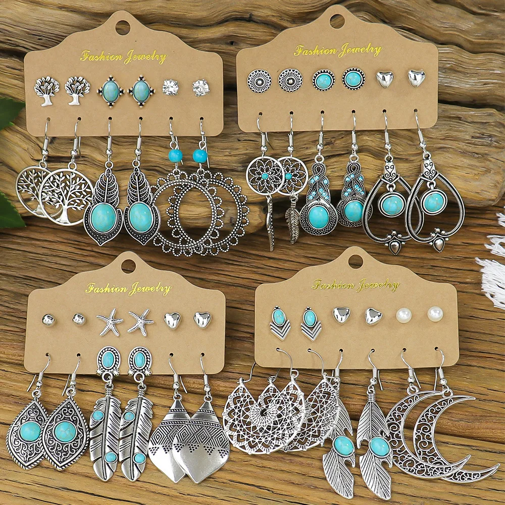 6pcs Women Vintage Turquoises Earring Set Ethnic Silver Plated Dream Catcher Round Tree Carved Drop Earrings Female Jewelry Gift