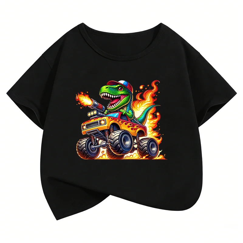 

Футболка с принтом милого динозавра и автомобиля, летняя одежда для мальчиков, топы с короткими рукавами, футболки, милая одежда для девочек, детская одежда