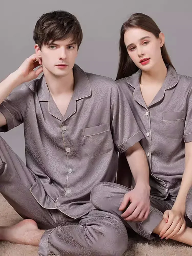 

Solid Red Couple Pure Silk Short Sleeve Pajama Sets For Men And Women Luxury Jacquard Ivory 100% Mulberry Silk Matching Pajamas