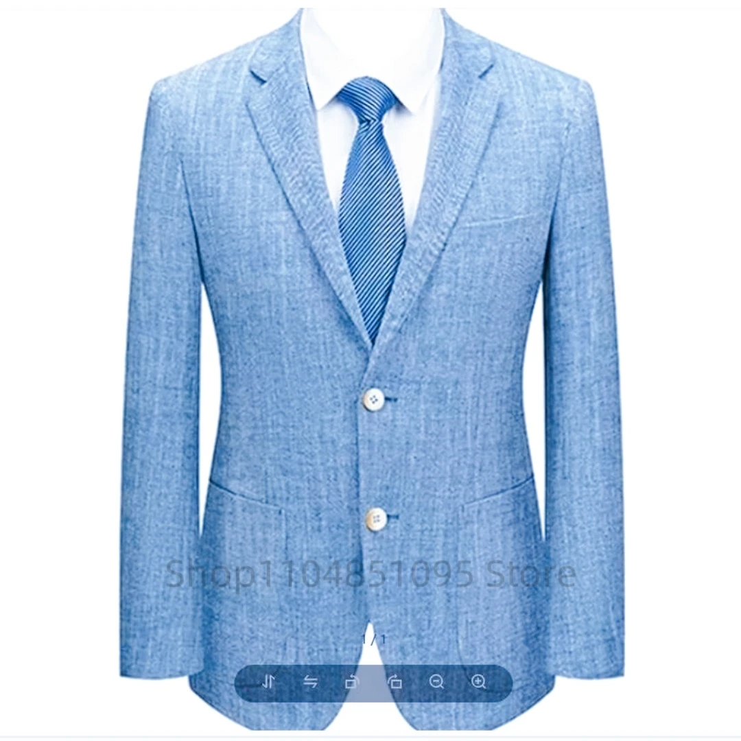 

Summer Beach Sky Blue Linen Suits Blazer For Men Slim Fit Notch Lapel Men Wedding Tuxedos One Jacket Casual Daily Suit Only Coat