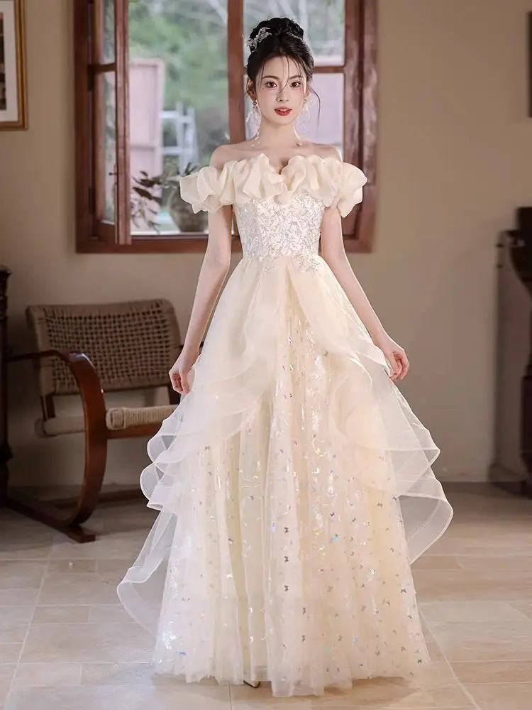 

Stunning One-oulder Bridal Gown Champagne Color Luxury Wedding Dr Ele Long Skirt ort Sve Korean Sle for Women