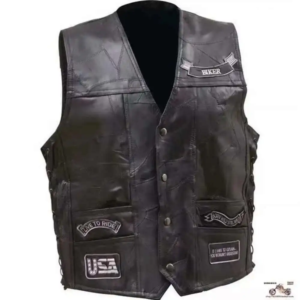 Motorcycle Style Harley Motorcycle Riding Vest Men\'s Leather Vest Shoulder PU Leather Dark Series Embroidered Badge Design